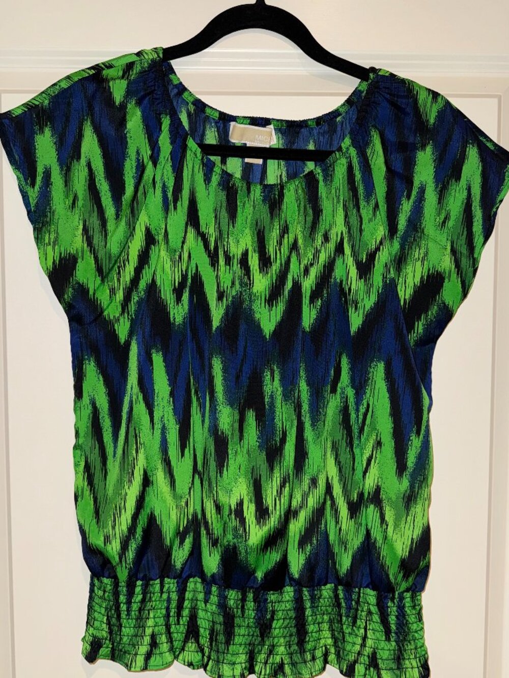 MICHAEL Michael Kors Blue & Green Ikat Pattern Cap-Sleeved Blouse in Medium